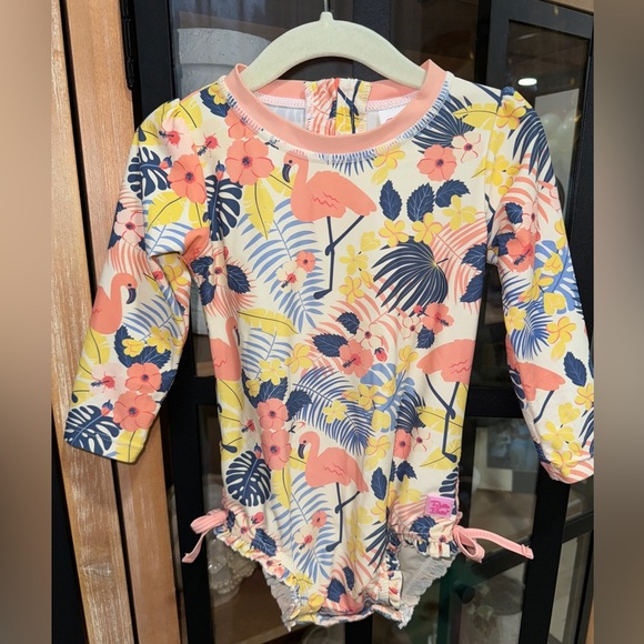 Rufflebutts one piece rashguard long sleeve Flamingo Floral Swimsuit toddler - Picture 1 of 6